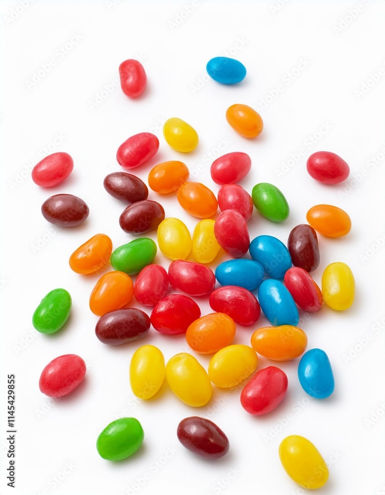 A colorful scattering of oval-shaped candies on a white background. A colorful scattering of oval-shaped candies on a white background.