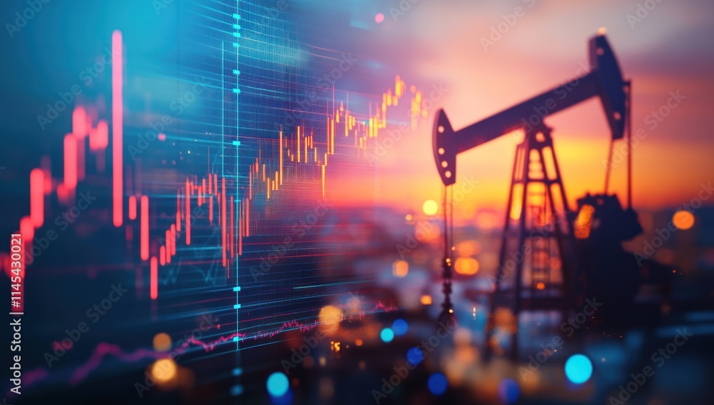 Fototapeta premium Oil Rig Silhouette with Stock Market Data Overlay