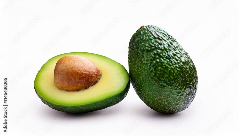Halved avocado and whole avocado on white background. Healthy fats, vibrant green. Halved avocado and whole avocado on white background. Healthy fats, vibrant green.