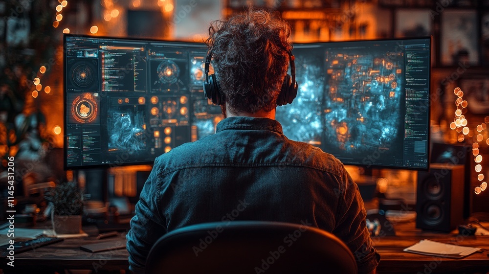 Innovative game developer creating e-sports character models for future gaming lifestyle in a dynamic digital workspace Innovative game developer creating e-sports character models for future gaming lifestyle in a dynamic digital workspace