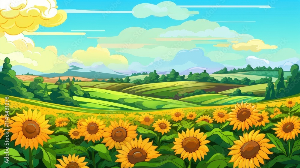 Fototapeta premium Sunflowers Bloom in a Rolling Green Hill Landscape