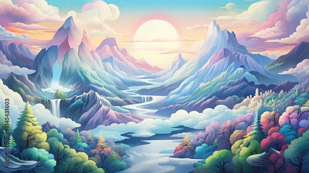 Serene Sunrise Over Pastel Mountains And River Serene Sunrise Over Pastel Mountains And River