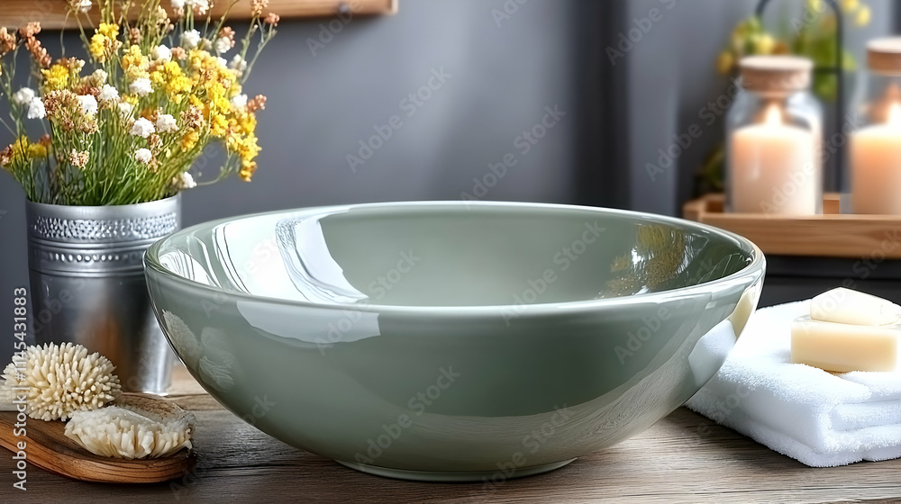 A green circular vessel sink is situated next to a pink coral wall on a stone countertop that is wall mounted. Memphis, modern bathroom interior design in a minimalistic style A green circular vessel sink is situated next to a pink coral wall on a stone countertop that is wall mounted. Memphis, modern bathroom interior design in a minimalistic style