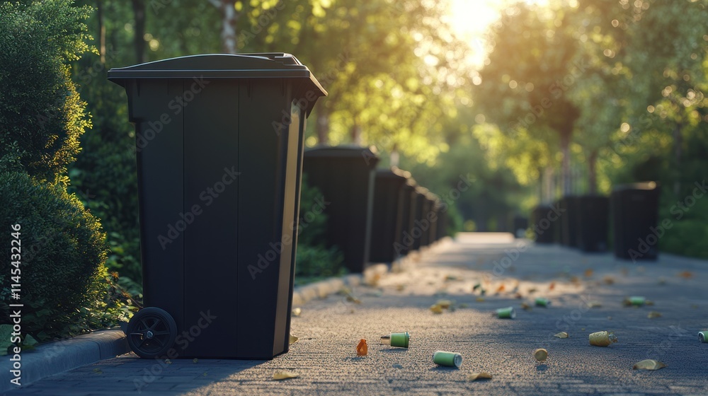 A Row of Black Wheeled Bins on a tree-lined Pathway with scattered trash at Sunset A Row of Black Wheeled Bins on a tree-lined Pathway with scattered trash at Sunset