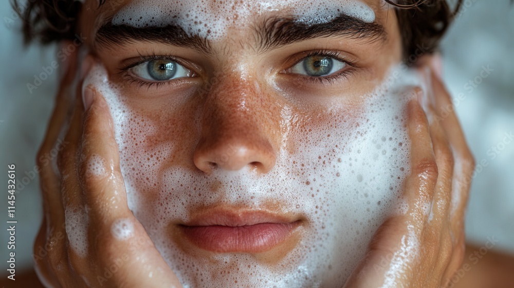 A young person with a soapy face, suggesting a skincare or cleansing routine. A young person with a soapy face, suggesting a skincare or cleansing routine.