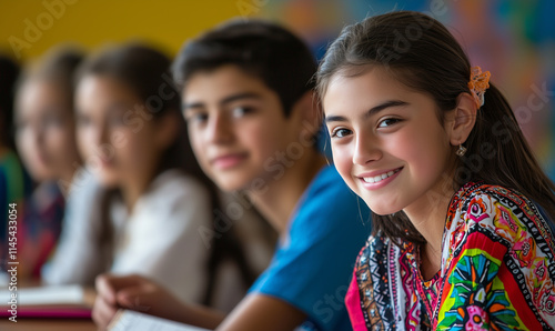 A joyful girl smiles at the camera while seated in a classroom, surrounded by classmates engaged in learning.