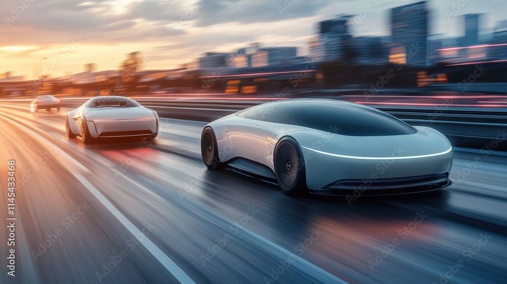 Sleek modern car seamlessly merging with another on futuristic highway, symbolizing technological integration and innovation in automotive design and transportation advancements. Sleek modern car seamlessly merging with another on futuristic highway, symbolizing technological integration and innovation in automotive design and transportation advancements.