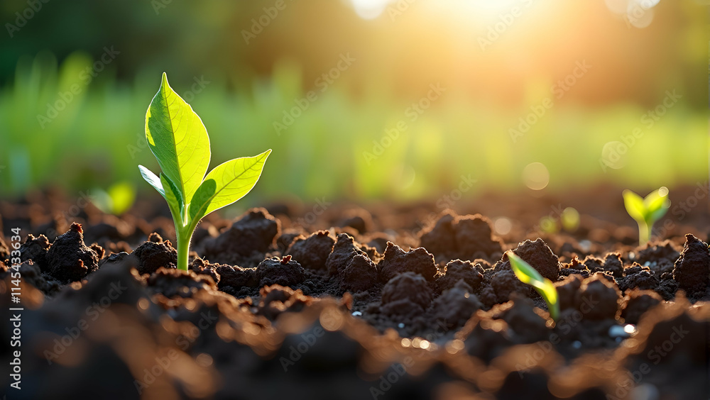 Golden hour illuminates tiny seedlings emerging from rich soil, symbolizing new life and growth. Golden hour illuminates tiny seedlings emerging from rich soil, symbolizing new life and growth.