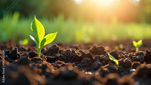 Golden hour illuminates tiny seedlings emerging from rich soil, symbolizing new life and growth. photo