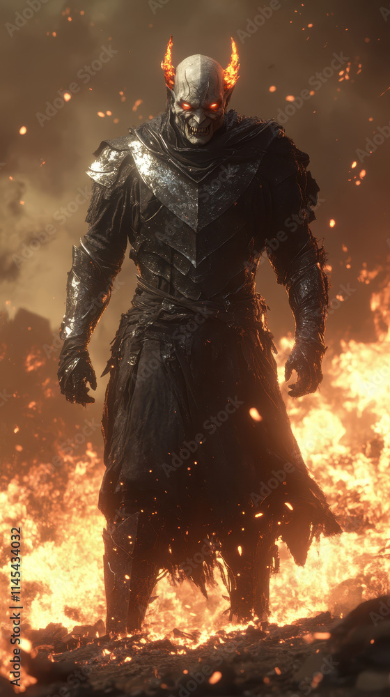 Naklejka premium fierce demon with fiery horns stands amidst flames