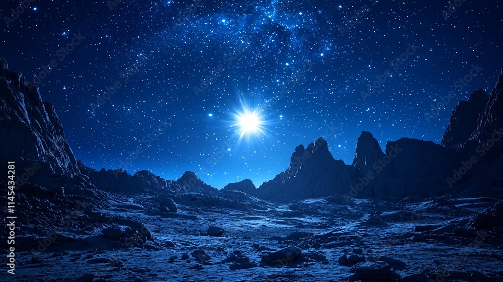 Starry night sky over a desolate, rocky landscape. Starry night sky over a desolate, rocky landscape.