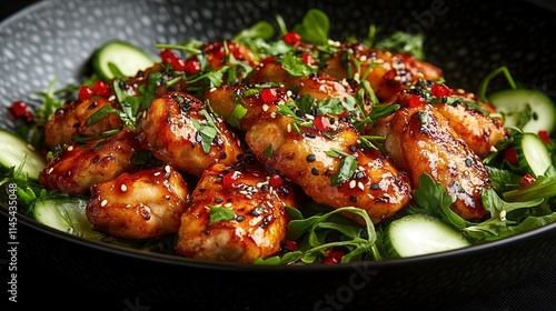A vibrant dish of glazed chicken wings garnished with herbs and vegetables.