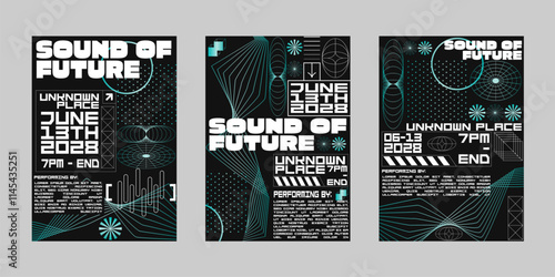 Brutalism poster set, Streetwear poster bundle. Futuristic poster flyer for print. Modern brochure for print. Retrofuturism graphic for promo event and music. Event poster vector set.