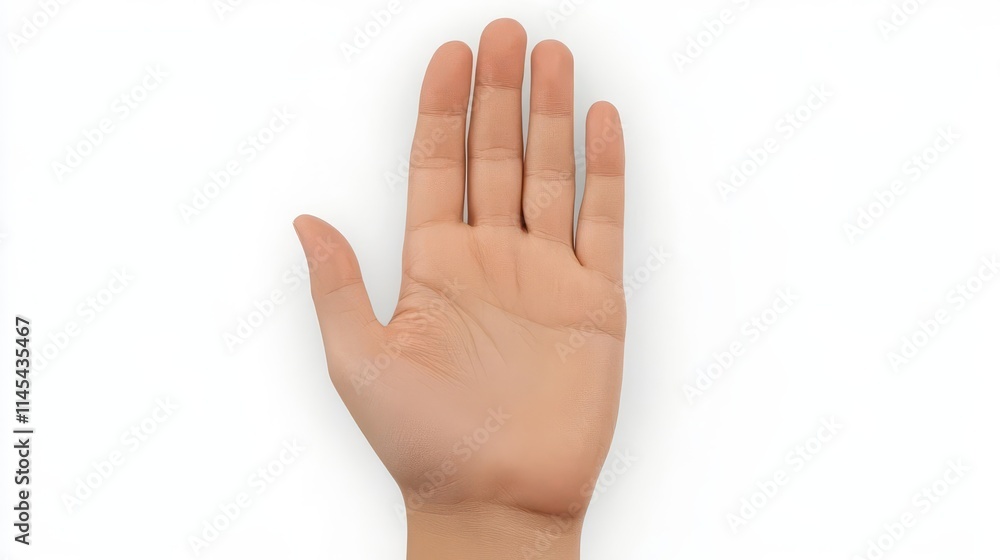 Palm showing five fingers spread wide, clean white background, symbolizing peace and unity, serenity and simplicity. Palm showing five fingers spread wide, clean white background, symbolizing peace and unity, serenity and simplicity.