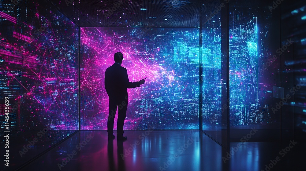 Businessman Interacting with Digital Data in Dark Office Environment Businessman Interacting with Digital Data in Dark Office Environment