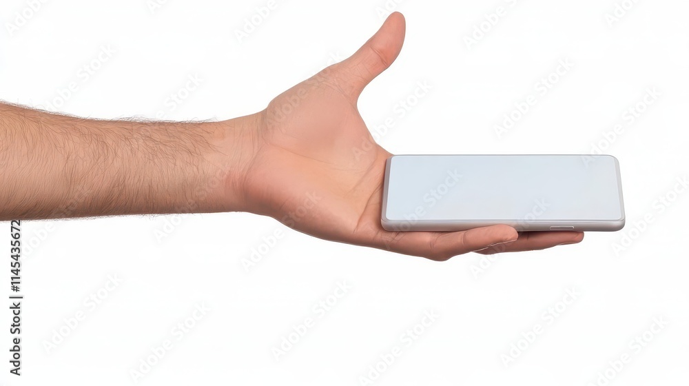 Hand holding smartphone with blank screen, clean white background, representing technology and connectivity, versatile design Hand holding smartphone with blank screen, clean white background, representing technology and connectivity, versatile design