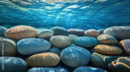Underwater stones create serene and tranquil atmosphere, showcasing natures beauty