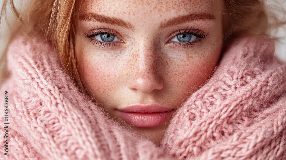 Close-up of a freckled woman's face, nestled in a soft pink knit scarf. Perfect for beauty, fashion, or winter-themed projects. Close-up of a freckled woman's face, nestled in a soft pink knit scarf. Perfect for beauty, fashion, or winter-themed projects.