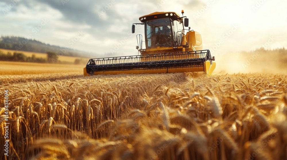 Fototapeta premium Combine Harvester Working in a Golden Field of Wheat