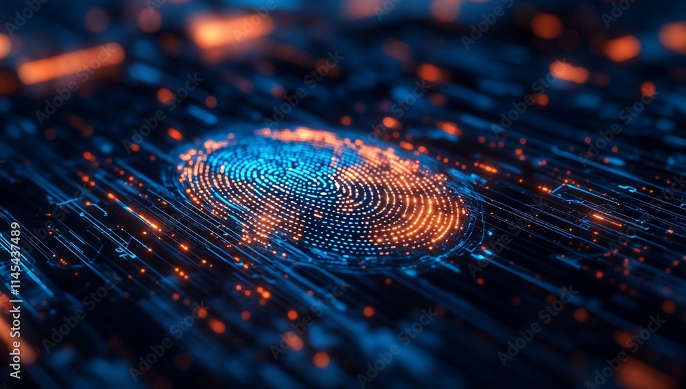 Abstract digital fingerprint glowing on a technological surface. Abstract digital fingerprint glowing on a technological surface.