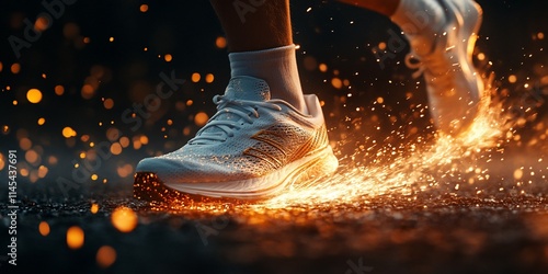 Runner's foot in motion with sparks.