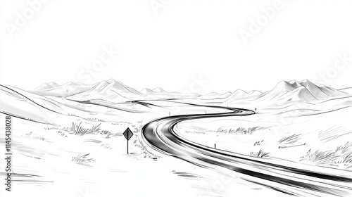 Winding Road Through Mountain Landscape - Sketch Style