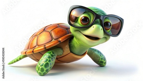 A vibrant cartoon turtle sporting sunglasses, bringing cheerful vibes on a crisp white background