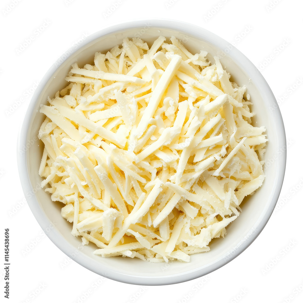 Mozzarella cheese shredded in a white bowl top view isolated on transparent white background, clipping path Mozzarella cheese shredded in a white bowl top view isolated on transparent white background, clipping path