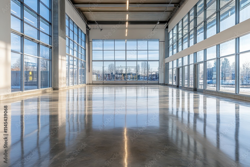 Large empty space with polished concrete floor and expansive windows. Ideal for showcasing commercial real estate, architectural design, or modern interiors. Large empty space with polished concrete floor and expansive windows. Ideal for showcasing commercial real estate, architectural design, or modern interiors.