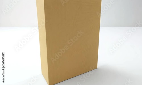 A plain, tall cardboard box stands upright on a clean, white surface.