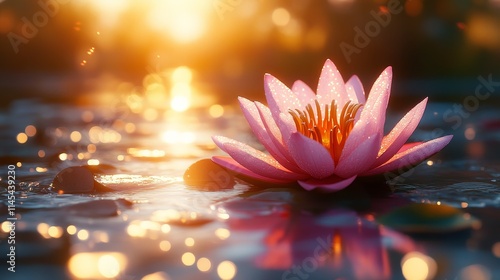 Pink Lotus with Golden Light Reflections