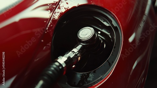 Close-up of a Fuel Nozzle Inserting into a Red Car's Gas Tank photo