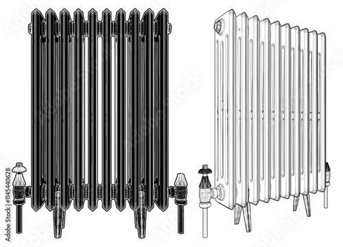 Cast Iron Radiator Vector. Central Heating Radiator Illustration Isolated On White Background.