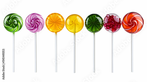 A Row of Colorful Lollipops on a White Background, Ready to be Eaten and Enjoyed, Sweet Treats for Every Taste, Perfect for a Party or a Snack