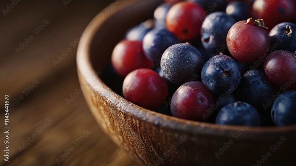 Cranberry and Blueberry Bowl: Rustic wooden bowl filled with ripe cranberries and blueberries, bathed in warm, inviting light. A delectable image perfect for food blogs, recipe websites. Cranberry and Blueberry Bowl: Rustic wooden bowl filled with ripe cranberries and blueberries, bathed in warm, inviting light. A delectable image perfect for food blogs, recipe websites.