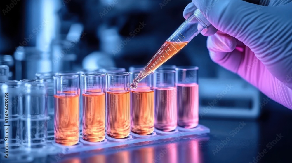 In the laboratory, a close-up photo of the hand holding a test tube while conducting an experiment In the laboratory, a close-up photo of the hand holding a test tube while conducting an experiment