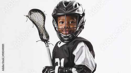 Young Boy in Lacrosse Gear with Stick Ready for Action