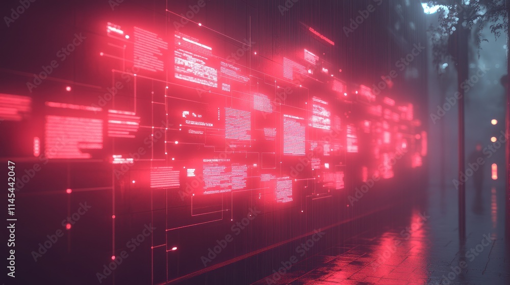 Fototapeta premium Neon digital data display in urban environment.