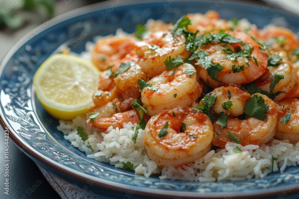 Spicy shrimp with cilantro served over rice. Perfect for food blogs, restaurant menus, or recipe sites. Spicy shrimp with cilantro served over rice. Perfect for food blogs, restaurant menus, or recipe sites.