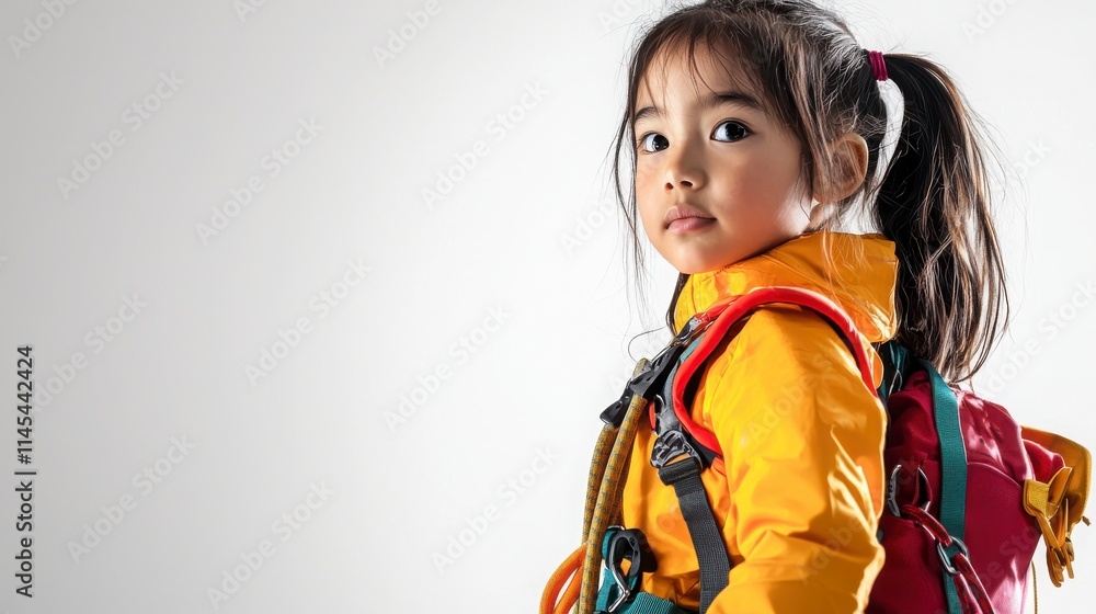 Young Child in Bright Jacket with Backpack Ready for Adventure Young Child in Bright Jacket with Backpack Ready for Adventure