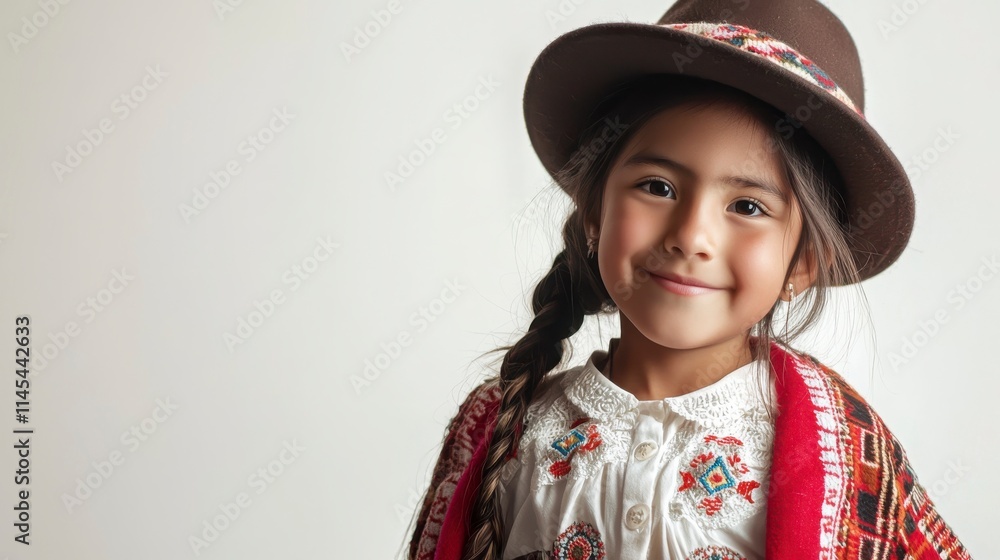Smiling Girl in Traditional Attire with Hat and Colorful Shawl Smiling Girl in Traditional Attire with Hat and Colorful Shawl