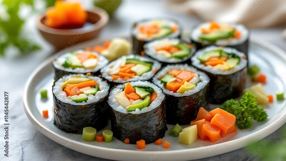 Delicious vegetarian sushi rolls featuring fresh avocado, cucumber, and carrots, offering a healthy and flavorful alternative for sushi lovers seeking a plant-based option. Delicious vegetarian sushi rolls featuring fresh avocado, cucumber, and carrots, offering a healthy and flavorful alternative for sushi lovers seeking a plant-based option.