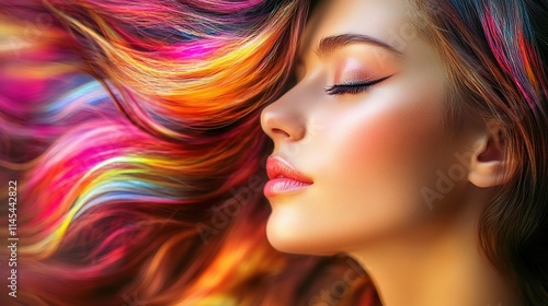 Stunning Woman with Luscious Hair and Radiant Skin in Vibrant Colors