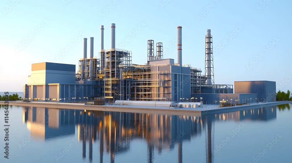 Modern industrial plant located near AI generated illustration Modern industrial plant located near AI generated illustration