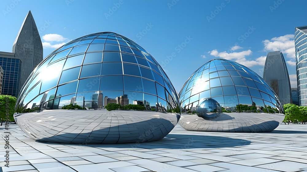 Obraz premium Futuristic Cityscape: Reflective Egg Structures - Futuristic archit.