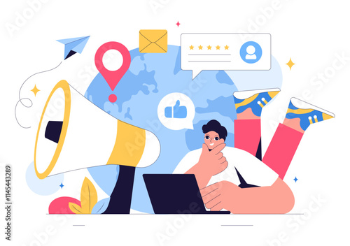 Positive Public Relations Vector Illustration featuring Successful Brand Advertising, Reputation Management, and Feedback in Digital Marketing