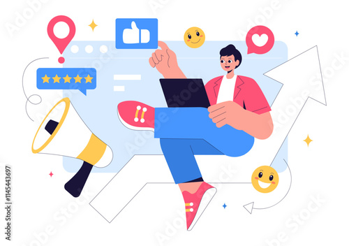 Positive Public Relations Vector Illustration featuring Successful Brand Advertising, Reputation Management, and Feedback in Digital Marketing