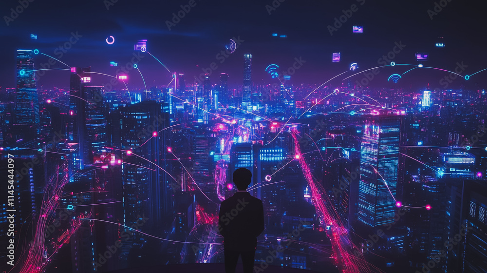 Smart digital Innovation city with connection network reciprocity over the cityscape. of future smart wireless city and social media networking systems that connects business people with in city Smart digital Innovation city with connection network reciprocity over the cityscape. of future smart wireless city and social media networking systems that connects business people with in city
