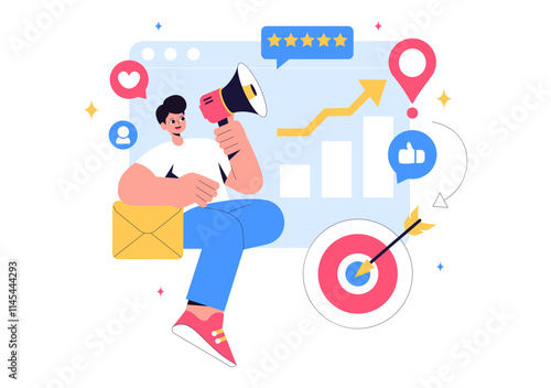 Positive Public Relations Vector Illustration featuring Successful Brand Advertising, Reputation Management, and Feedback in Digital Marketing