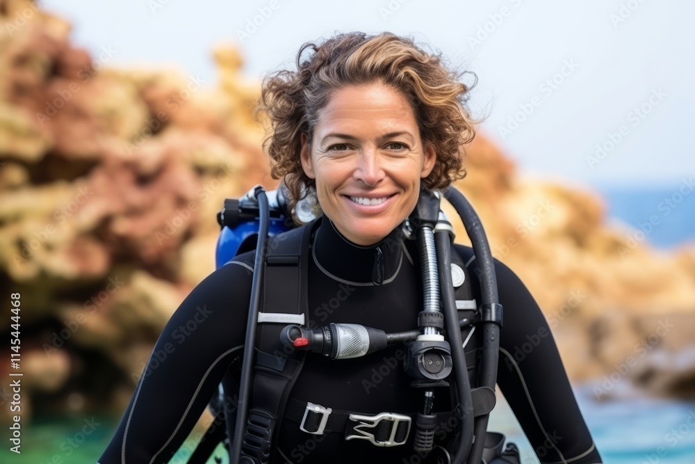 Portrait of a smiling woman with scuba gear at the beach Portrait of a smiling woman with scuba gear at the beach